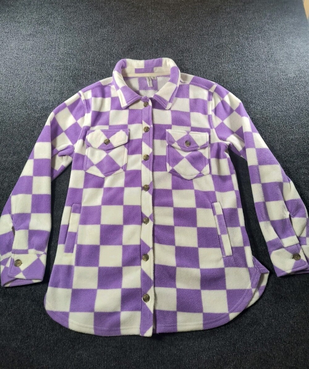 Fleece Checkered Long Sleeve Button Up Shirt Sweater Small Young Hearts Run Free